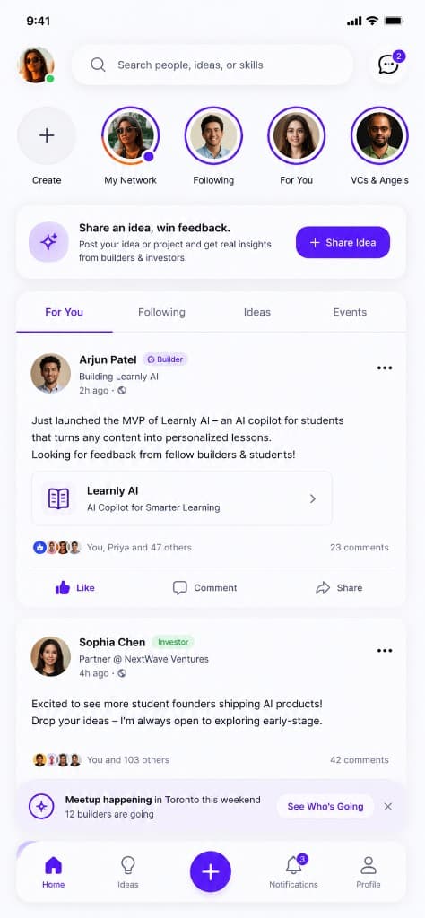 Aurayla home feed showing posts, stories, and community activity