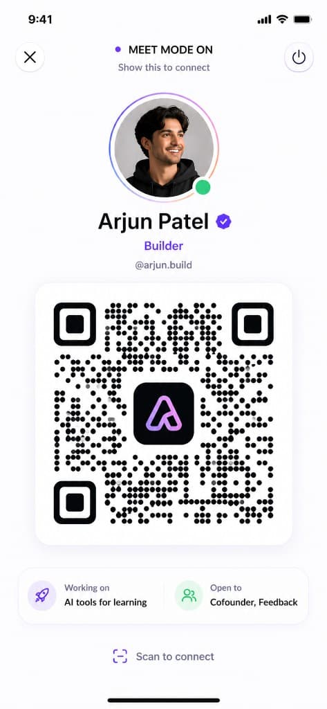 Aurayla meet mode with QR code and builder profile card